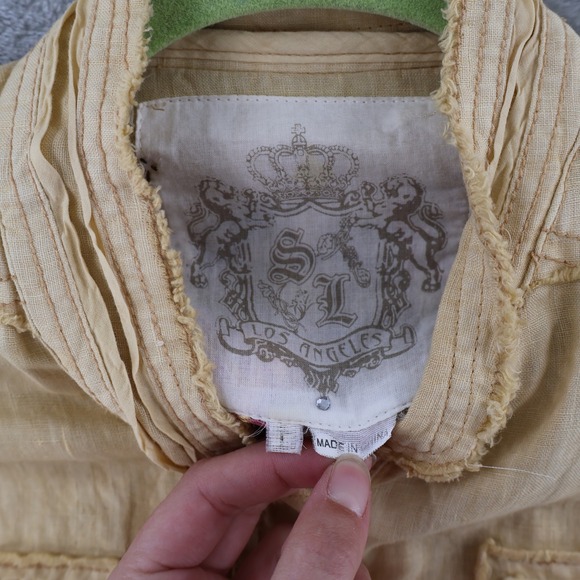 SL Los Angeles Embroidered Linen Military Jacket Womens Large Yellow Boho Su - Picture 3 of 16